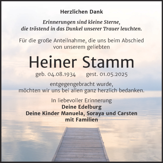 Traueranzeige von Heiner Stamm von Trauerkombi Sangerhausen