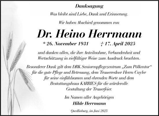 Traueranzeige von Heino Herrmann von Trauerkombi Bernburg