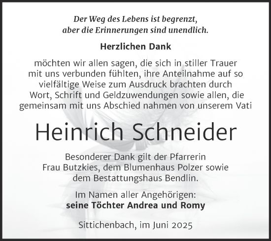 Traueranzeige von Heinrich Schneider von Trauerkombi Mansfelder Land