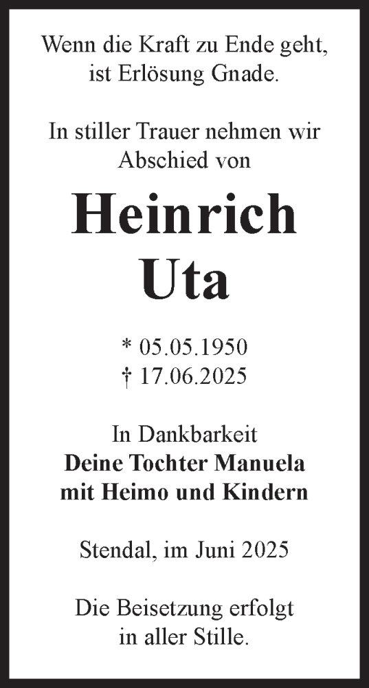 Traueranzeige von Heinrich Uta von Volksstimme Altmark Ost