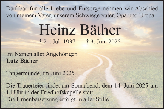 Traueranzeige von Heinz Bäther von Volksstimme Altmark Ost
