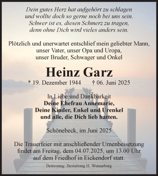 Traueranzeige von Heinz Garz von Volksstimme Schönebeck