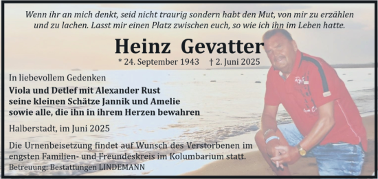 Traueranzeige von Heinz Gevatter von Volksstimme Halberstadt