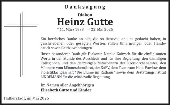 Traueranzeige von Heinz Gutte von Volksstimme Halberstadt