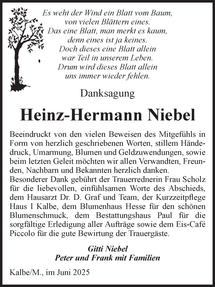  Traueranzeige für Heinz-Hermann Niebel vom 21.06.2025 aus Volksstimme Altmark West