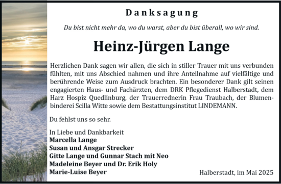 Traueranzeige von Heinz-Jürgen Lange von Volksstimme Halberstadt