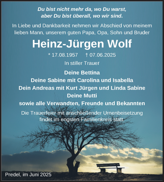 Traueranzeige von Heinz-Jürgen Wolf von Trauerkombi Zeitz