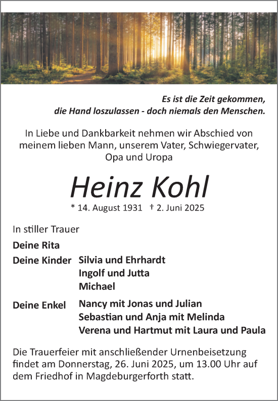 Traueranzeige von Heinz Kohl 