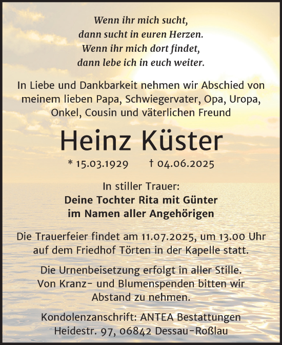 Traueranzeige von Heinz Küster von Trauerkombi Dessau