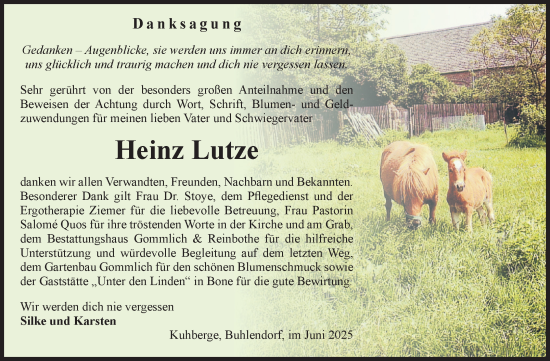 Traueranzeige von Heinz Lutze von Volksstimme Zerbst