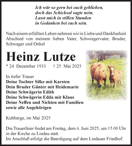 Traueranzeige von Heinz Lutze von Volksstimme Zerbst