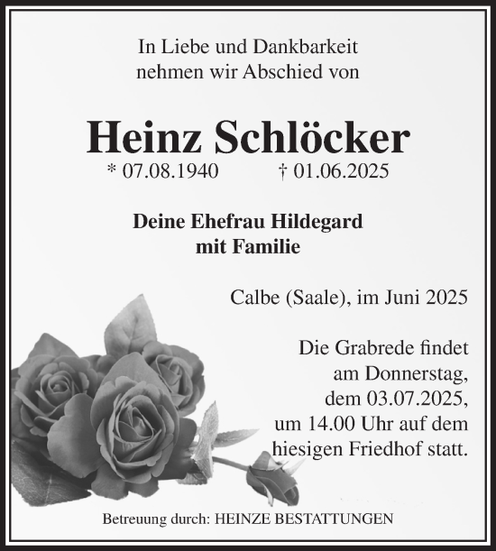 Traueranzeige von Heinz Schlöcker von Volksstimme Schönebeck
