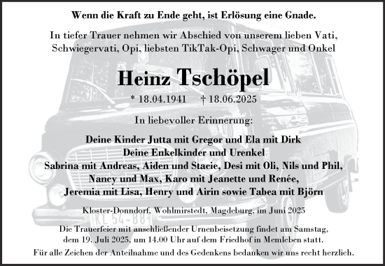 Traueranzeige von Heinz Tschöpel von Super Sonntag Naumburg/Nebra