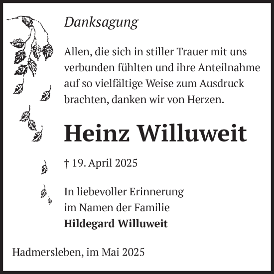 Traueranzeige von Heinz Willuweit von Volksstimme Oschersleben/Wanzleben