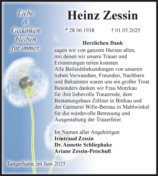 Traueranzeige von Heinz Zessin von Volksstimme Altmark Ost