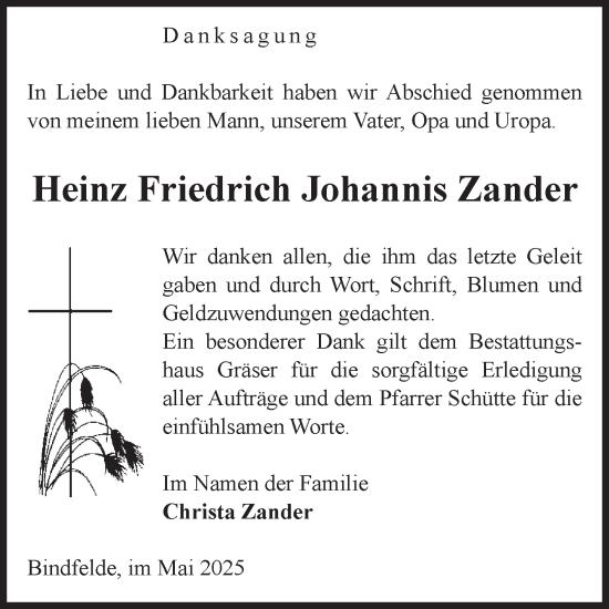 Traueranzeige von Heinz Friedrich Johannis Zander von Volksstimme Altmark Ost