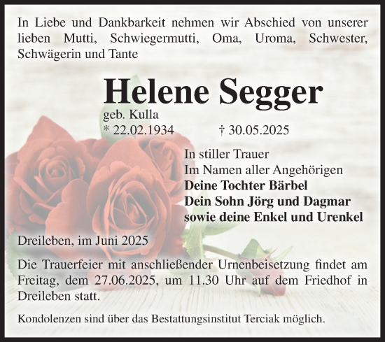 Traueranzeige von Helene Segger von Volksstimme Oschersleben/Wanzleben