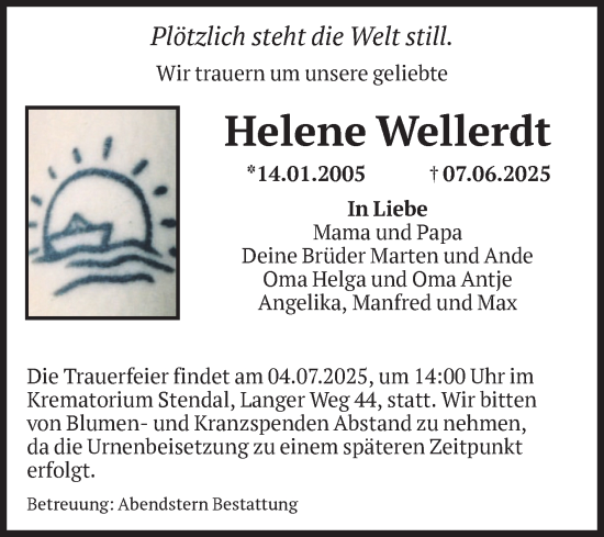 Traueranzeige von Helene Wellerdt von Volksstimme Altmark Ost