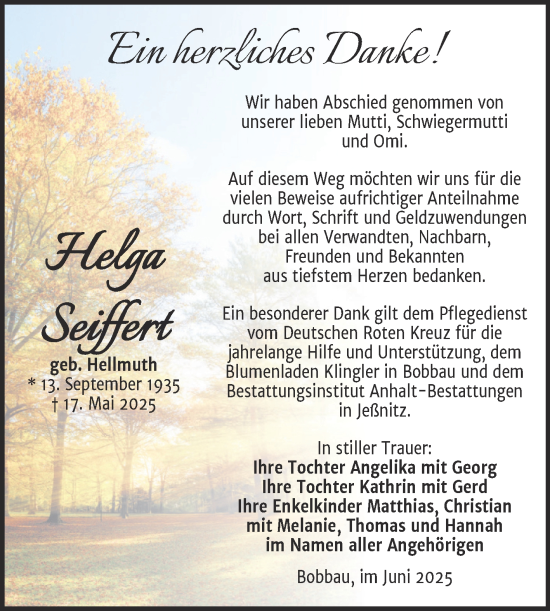 Traueranzeige von Helga  von Trauerkombi Bitterfeld