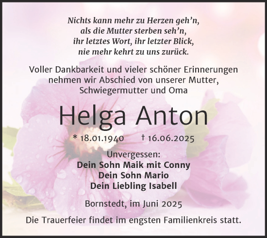 Traueranzeige von Helga Anton von Trauerkombi Mansfelder Land