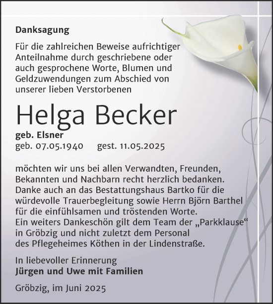 Traueranzeige von Helga Becker von Trauerkombi Köthen