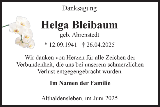 Traueranzeige von Helga Bleibaum von Volksstimme Haldensleben/Wolmirstedt