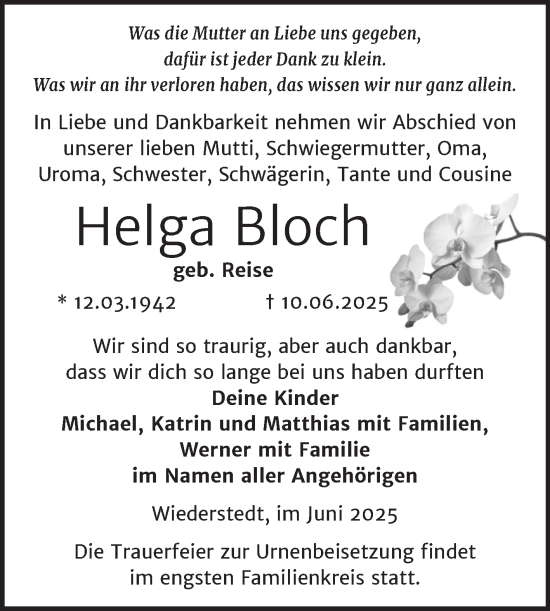 Traueranzeige von Helga Bloch von Trauerkombi Mansfelder Land