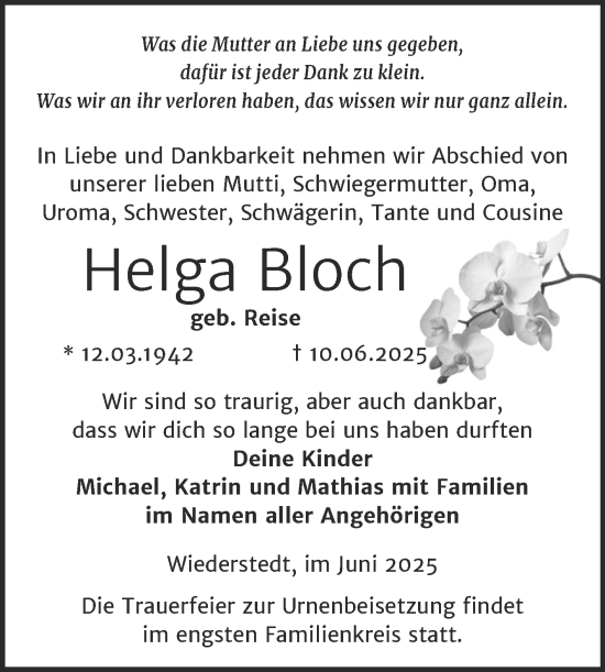 Traueranzeige von Helga Bloch von Trauerkombi Aschersleben
