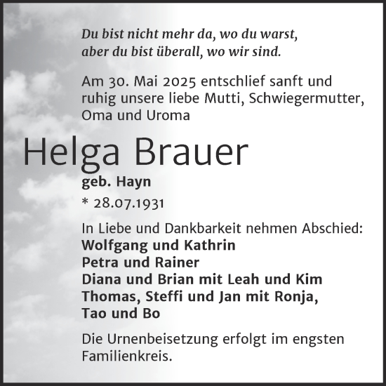 Traueranzeige von Helga Brauer von Trauerkombi Aschersleben