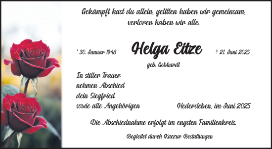 Traueranzeige von Helga Eitze von Trauerkombi Quedlinburg