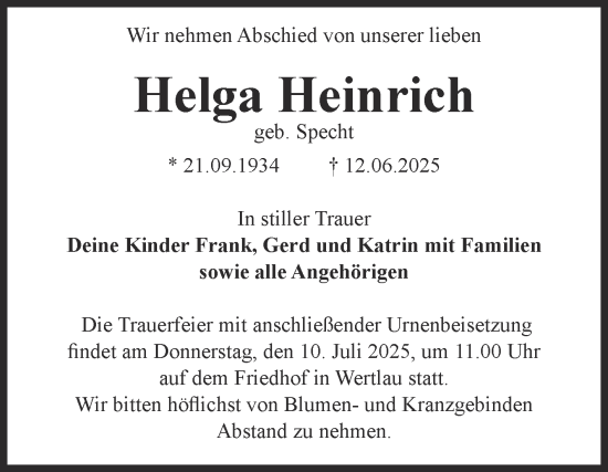 Traueranzeige von Helga Heinrich von Volksstimme Zerbst