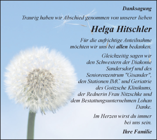 Traueranzeige von Helga Hitschler von Trauerkombi Bitterfeld