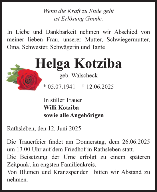 Traueranzeige von Helga Kotziba von Volksstimme Altmark Ost