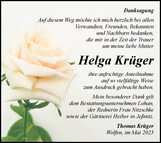 Traueranzeige von Helga Krüger von Trauerkombi Bitterfeld