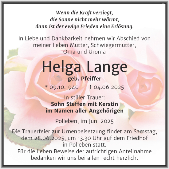 Traueranzeige von Helga Lange von Trauerkombi Mansfelder Land