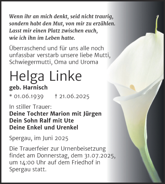 Traueranzeige von Helga Linke von Trauerkombi Merseburg