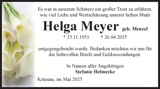 Traueranzeige von Helga Meyer von Volksstimme Burg/Genthin