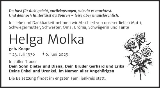 Traueranzeige von Helga Molka von Trauerkombi Dessau