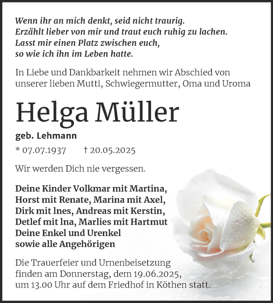 Traueranzeige von Helga Müller von Trauerkombi Köthen