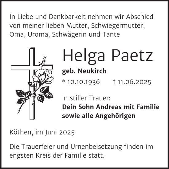 Traueranzeige von Helga Paetz von Trauerkombi Köthen