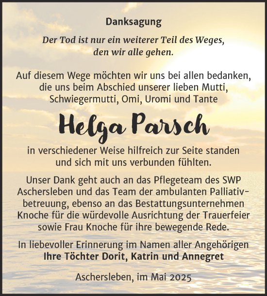 Traueranzeige von Helga Passch von Trauerkombi Aschersleben