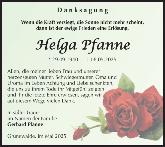 Traueranzeige von Helga Pfanne von Volksstimme Schönebeck