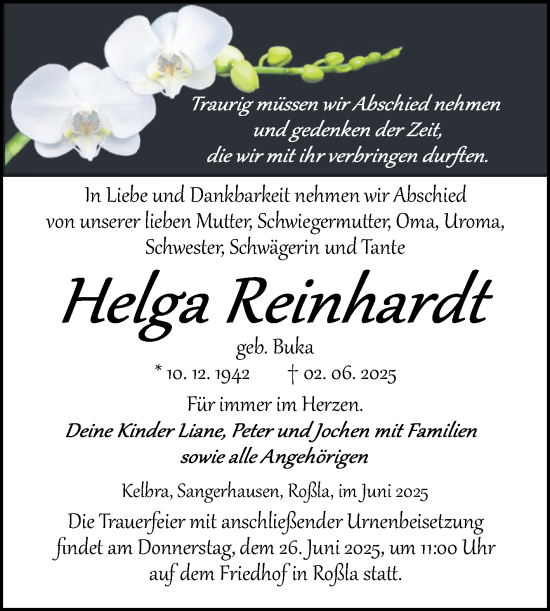Traueranzeige von Helga Reinhardt von Trauerkombi Sangerhausen