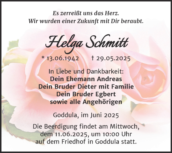 Traueranzeige von Helga Schmitt von Trauerkombi Merseburg