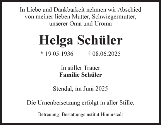 Traueranzeige von Helga Schüler von Volksstimme Altmark Ost