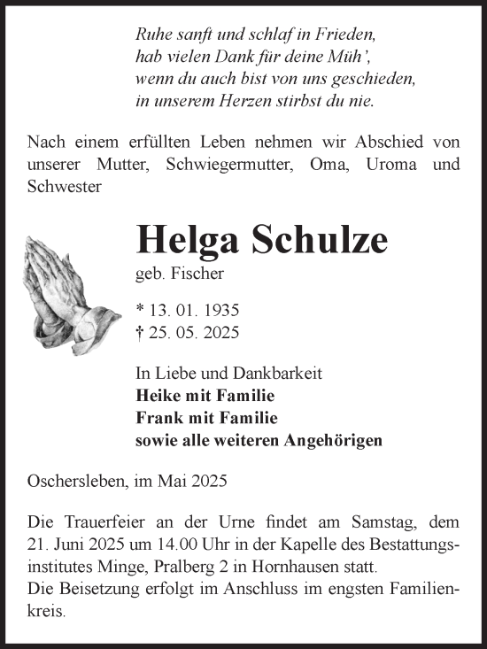 Traueranzeige von Helga Schulze von Volksstimme Oschersleben/Wanzleben