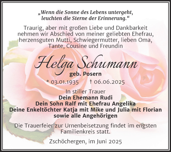 Traueranzeige von Helga Schumann von Trauerkombi Merseburg