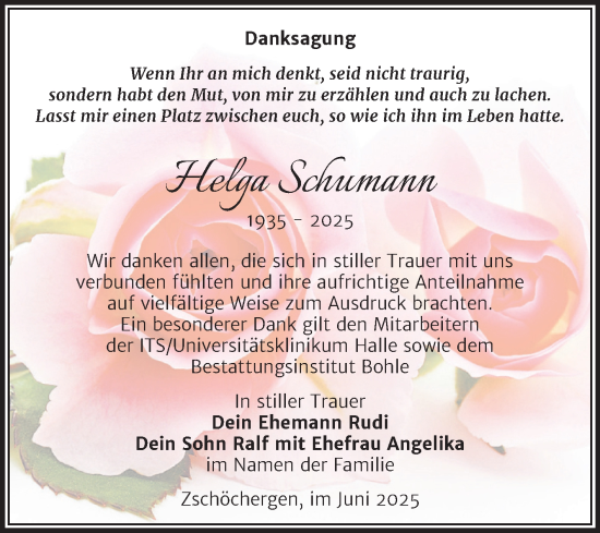 Traueranzeige von Helga Schumann von Trauerkombi Merseburg