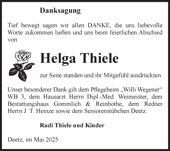 Traueranzeige von Helga Thiele von Volksstimme Zerbst