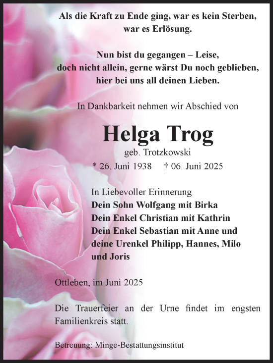 Traueranzeige von Helga Trog von Volksstimme Oschersleben/Wanzleben